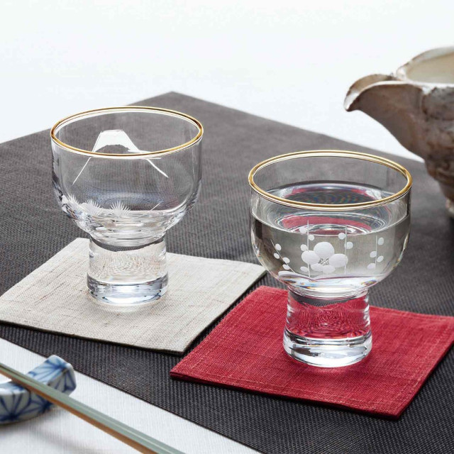 【TOYO-SASAKI】125cc富士山梅花招福杯組  G085-T236 / 東洋佐佐木 / 日本製 / 日本酒杯 / 日本酒器 / 切子 / 和風/ 日式風格 